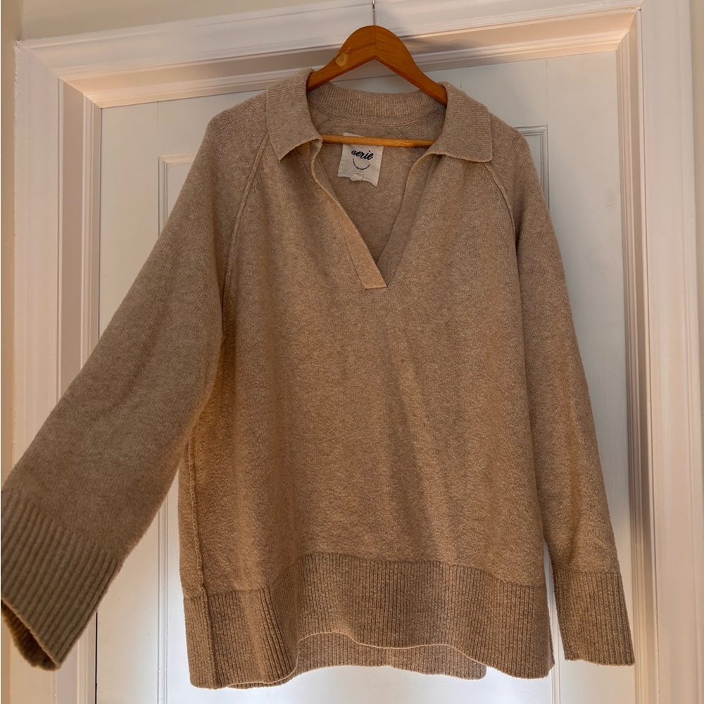 aerie Beige V‑Neck Polo Sweater